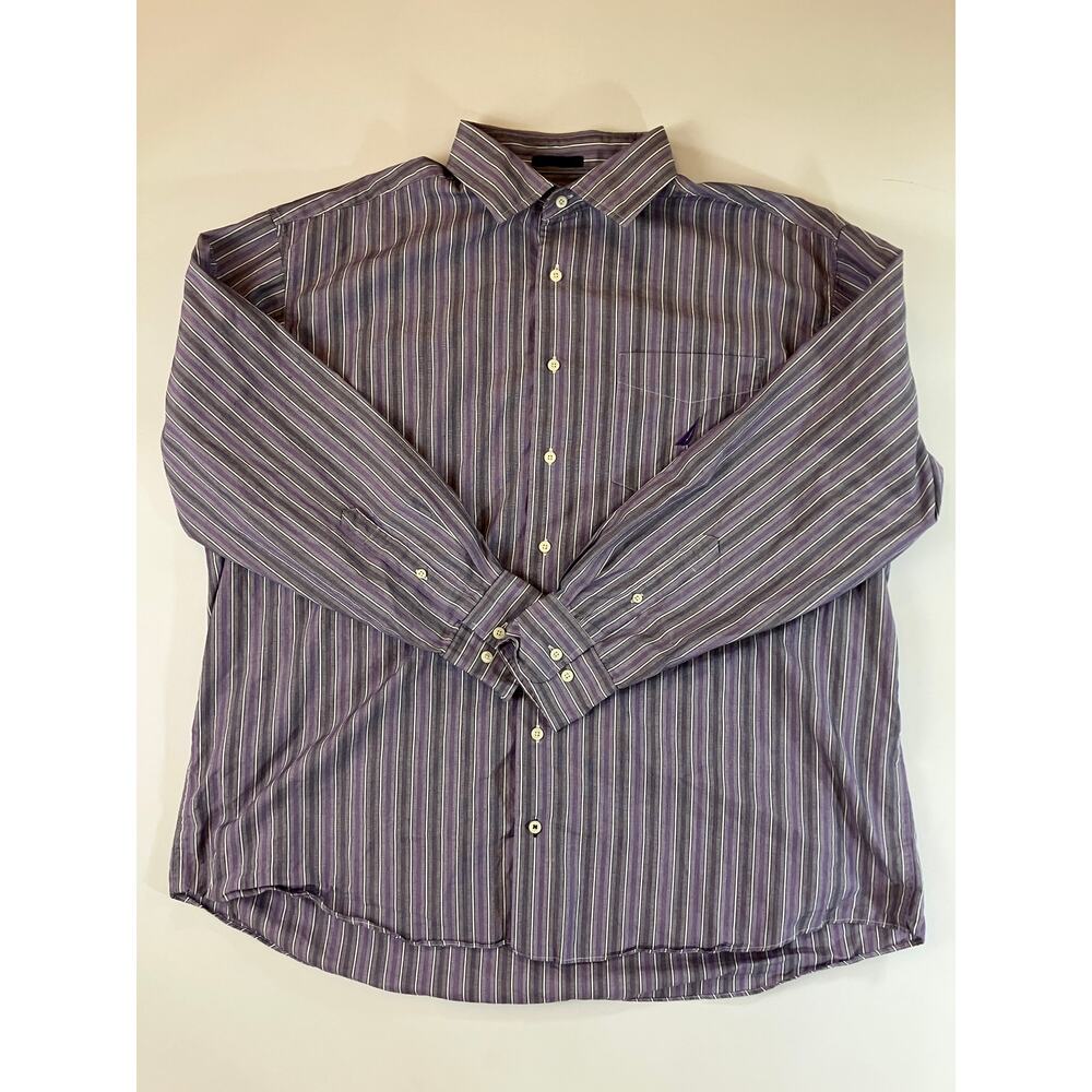Nautica Men's 2X Purple Gray Stripe 100's Two-Ply Cotton Button Down Shirt